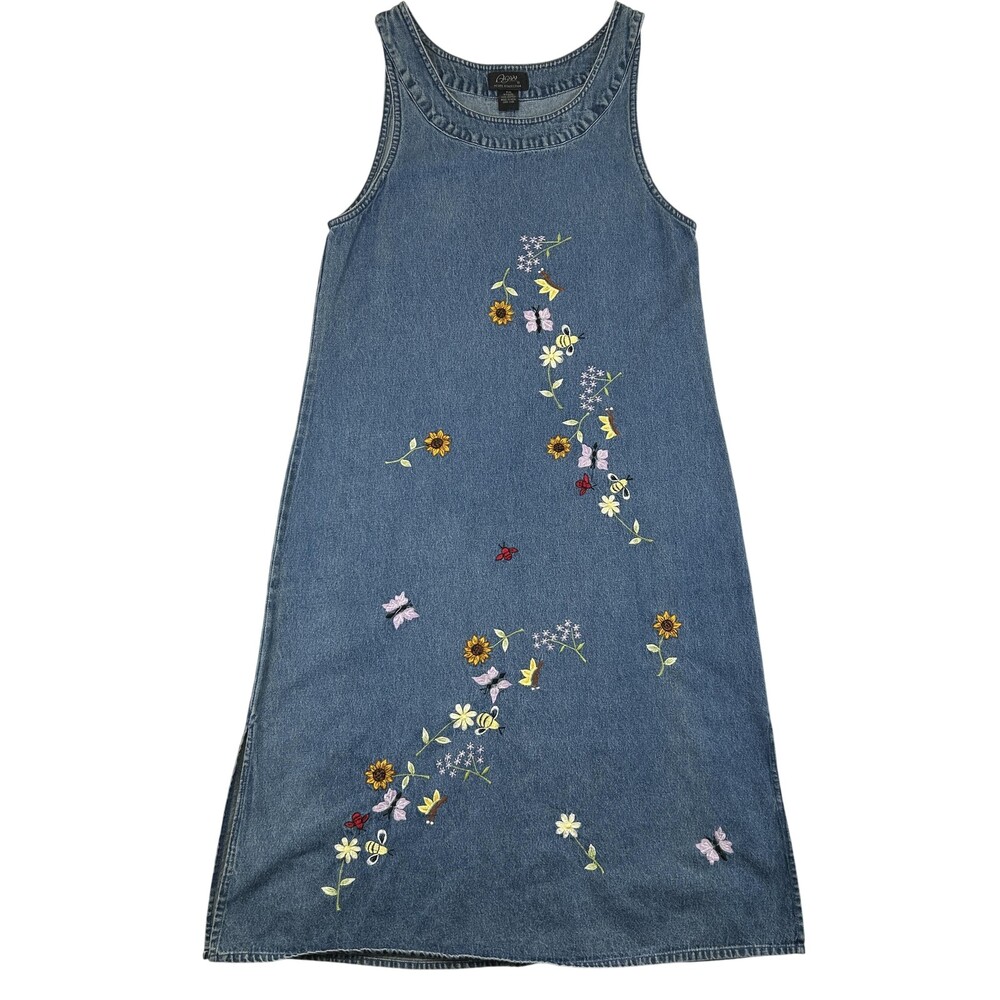 Vintage Aspen Dress Womens P/M Denim Embroidered Cottagecore Tank Butterfly 90s